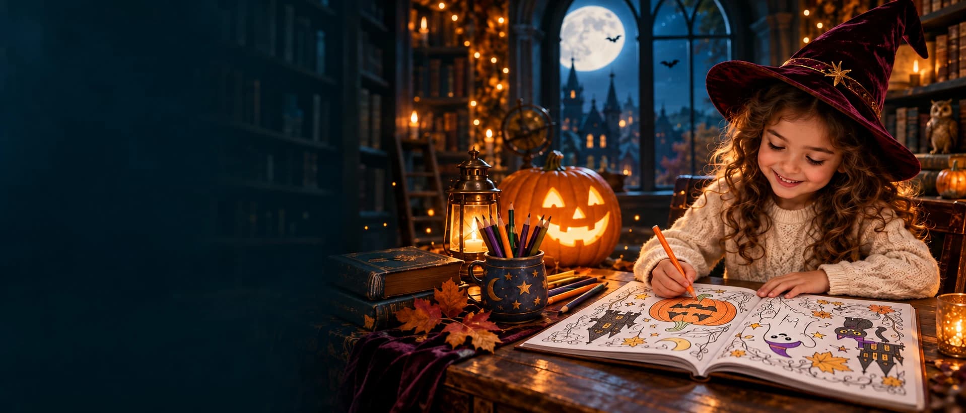 Девојче со вештерска шапка бои боенка свртена кон неа, во Halloween библиотека со светлечка тиква и фенер.